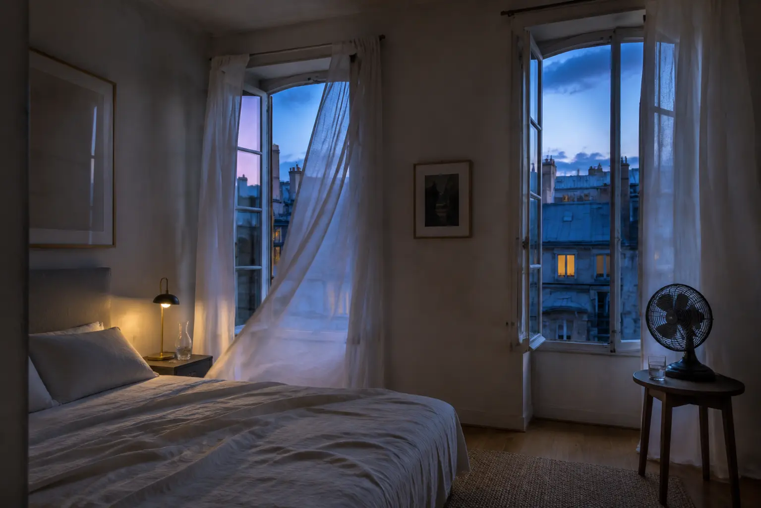 A cool bedroom prepared for a hot night